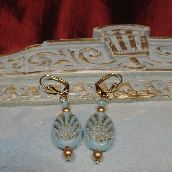 Earrings in aqua and gold art deco fan design - Picture 3 of 6